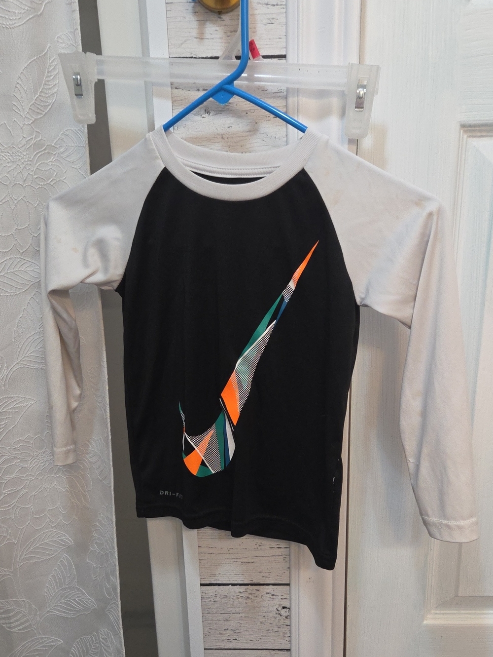 Nike Black & White Raglan Top with Orange and Teal Swoosh